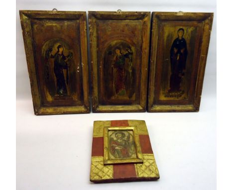 A series of three Paintings on Panels of Saints within an incised and gilded surround, each 12" (30cms) x 7" (18cms) and an o