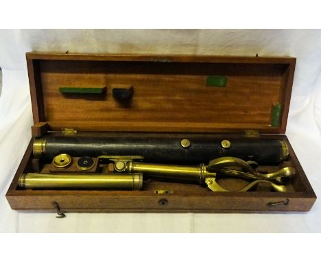 A 19th Century single draw table Telescope by Abraham of Liverpool with leather covered trunk, mounted on a brass tripod base