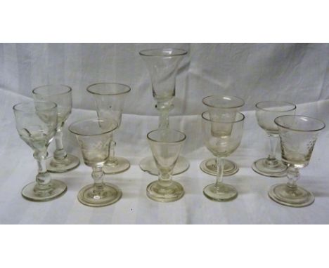 An 18th Century cordial Glass with cotton twist stem, a pair of 18th Century glasses with etched decoration and cushion  knot