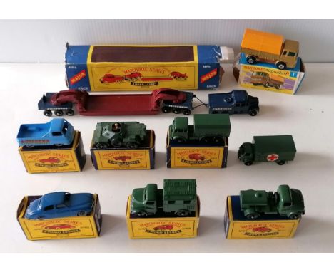 A Moko Lesney Matchbox Series No 60 Morris J2 Pick-up, model/box very good; No 61 Army Scout Car, model very good, box fair f