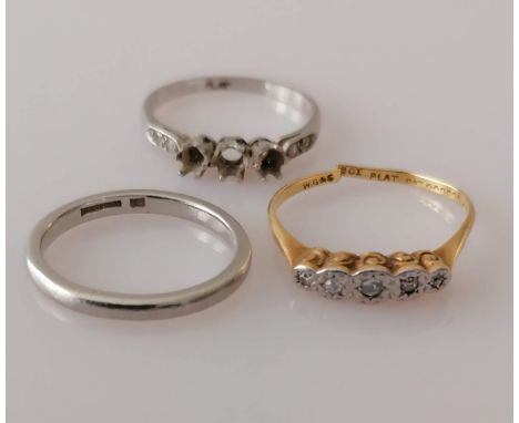 A platinum wedding band, a platinum ring without stones, sizes N, P and an 18ct yellow gold and platinum, five-stone diamond 