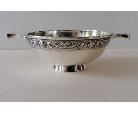 A Scottish silver two-handles quaiche with Celtic knot decoration by Hamilton &amp; Inches, Edinburgh, 1971, 14.5 cm W, 166g