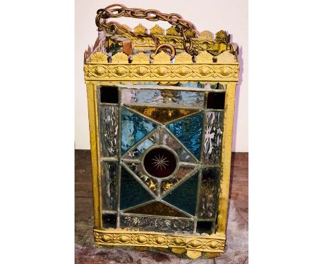 A 19th century brass lamp with stained glass fitted.&nbsp;