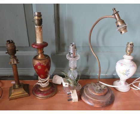 A group of five table or desk lamps, brass, glass and ceramic.&nbsp;