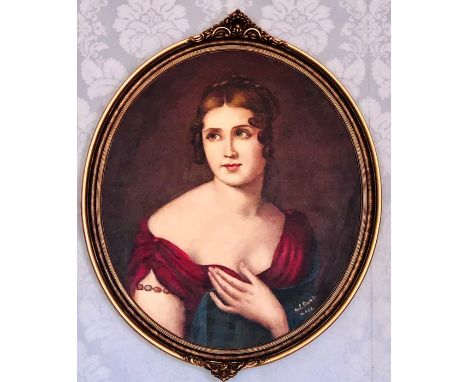 A naïve portrait in a 19th century manner of a lady, in a gilt oval frame. 65cm H&nbsp;