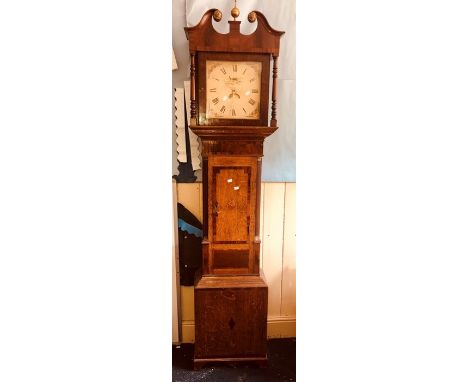 A 19th Century oak and mahogany 30-hour longcase clock, 12 inch painted dial, brass globe finial on a broken scrolling pedime