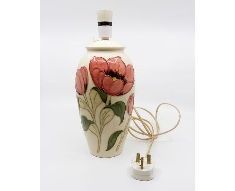 Moorcroft Pink Tulip on ivory lamp base, circa 1987, approx 23 cms tall with fittings, impressed marks to base, original Moor