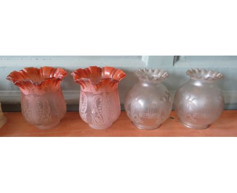 Two pairs of Victorian glass lamp shades, probably from oil lamps. (4)