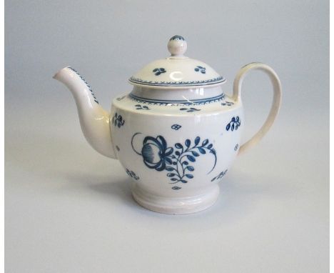 A Pearlware  Teapot and cover decorated in blue and whiteDate circa 1780-1800Size 18cm high inc coverCondition  Pot – crack t