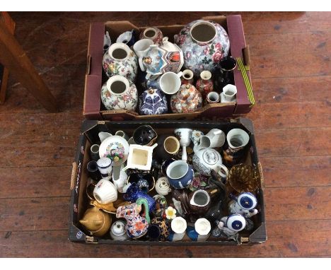 Two boxes of assorted decorative ceramics, including jugs, candlesticks, vases, various figures, novelty teapot, miniature va