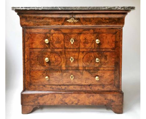 COMMODE, 19th century French Louis Philippe burr walnut and gilt metal mounted of shallow proportions with four long drawers 