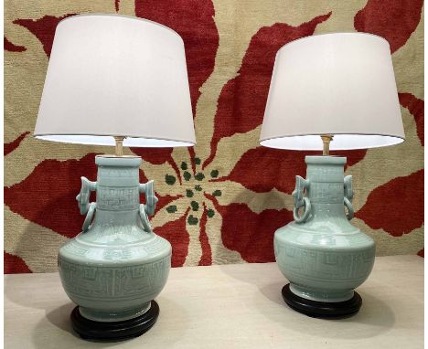 TABLE LAMPS, a pair, Chinese celadon ceramic with ebonised bases and shades, 55cm H. (2)