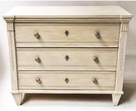 COMMODE, 19th century Gustavian style traditionally grey painted and silvered metal mounted with three long drawers, 102cm x 