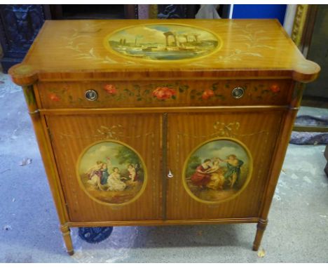 SIDE CABINET, Sheraton style satinwood, leaf and floral decorated with Angelica Kauffman style scenes having a frieze drawer 