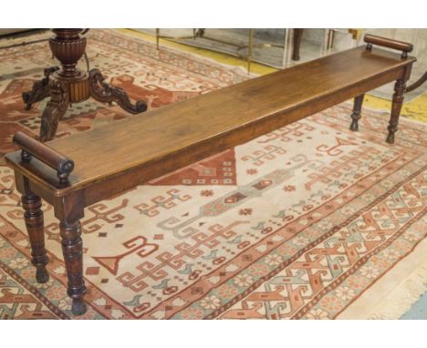 HALL BENCH, 19th century English mahogany, circa 1870, of large proportions, 54cm H x 203cm W x 30cm D. (slight faults)