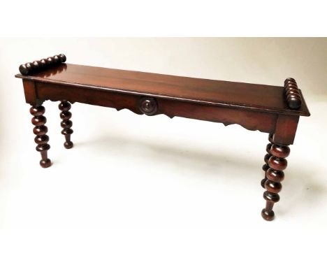 HALL BENCH, Victorian mahogany rectangular with bobbin turned bolsters and supports, 117cm x 27cm x 46cm H.