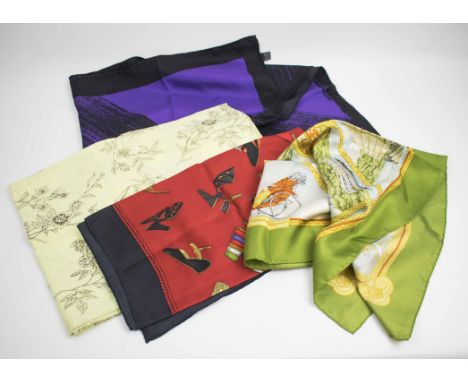 SALVATORE FERRAGAMO SILK SCARVES, two 85cm x 85cm each, a Georgina Goodman silk scarf 90cm x 90cm and an allegedly Celine sca