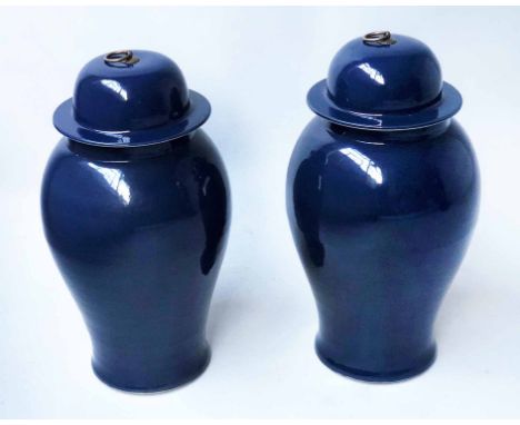 TEMPLE JARS, a pair, Chinese blue ceramic of ginger jar form with lids, 56cm H. (2)