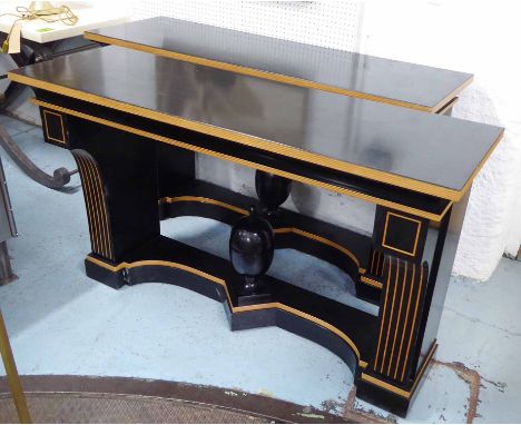 CONSOLE TABLES, a pair, French Art Deco style, ebonised with ply, 86cm x 140cm x 45cm. (2)
