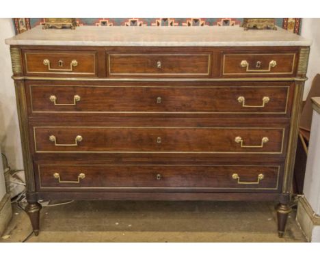 DIRECTORIE COMMODE, late 18th century French mahogany and gilt metal mounted with three short and three long drawers, marble 