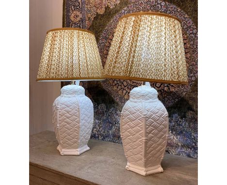 TABLE LAMPS, a pair, 1970's Italian ceramic bamboo lattice design with Pooky shades, 70cm H. (2)
