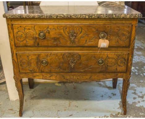 COMMODE, Louis XV walnut, circa 1760, with a grey and white veined marble top above two foliate incised long drawers on slend