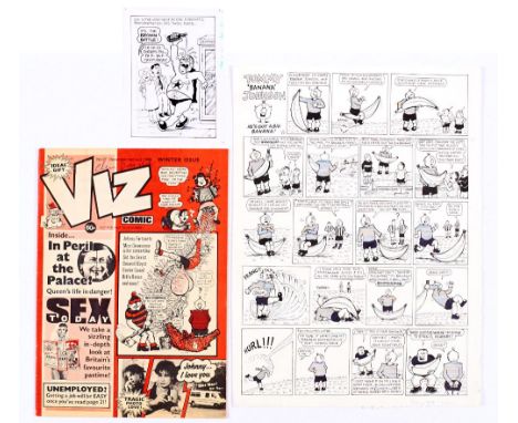 Viz original artwork (1987) Tommy 'Banana' Johnson (he's got a big banana!) 15 x 11 ins. With Viz No 27 from which it comes. 