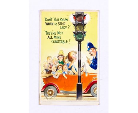 Saucy postcard original colour artwork (early 1960s) drawn and signed by artist, Arnold Taylor. 'When do you want to stop, La