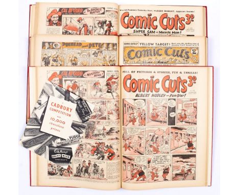 Comic Cuts (Jul-Dec 1942) 2692-2705 with (Jan-Sept 1953) 2970-3006 last issue. In 3 bound volumes with Cadbury's Competition 