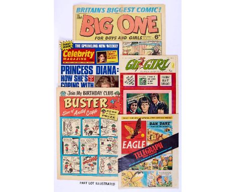 1960s-80s Mix. The Big One 19.12.64, Buster (1960-63) 4 issues, Tracy 1 (1979) wfg Beryl The Peril Button Badge, Penny No 1 (