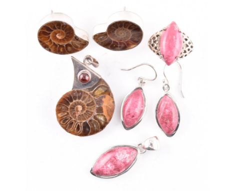 A 925 silver Thulite set marquise ring, pendant and earring suite. Total weight 22g. Ring size N. Pendant measures 3.5cm incl