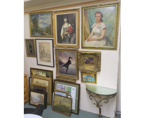 An oil on board portrait of a lady, and 23 other prints, oils etc (24) Condition Report: Available upon request