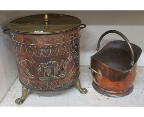 A Dutch copper coal bin with brass lid and a copper coal hod (2) Condition Report:Copper coal bin 48cm high, handle rotates o
