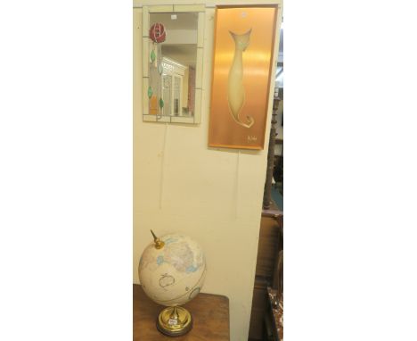 A modern Replogle 12inch diameter globe, a mirror and a Roy Sinclair Mid Century cat picture on copper (3) Condition Report: 