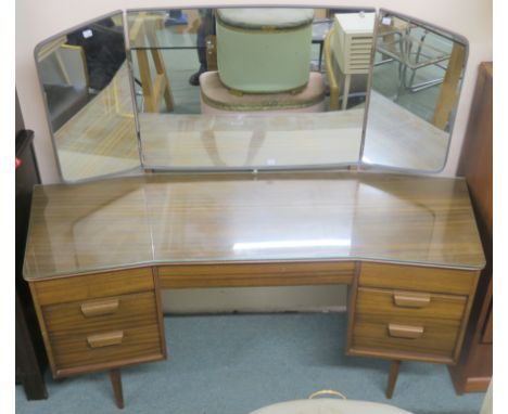 A Mid Century walnut dressing table with triple mirror, 130cm high x 145cm x 55cm deep ,metal demi lune console table and a s