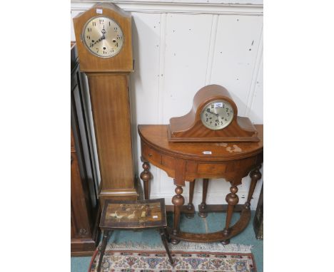 A mahogany mantle clock, grandmother clock and a small Dutch painted stool (3) Condition Report: Available upon request