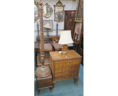 A vintage Indian teak  carved dwarf four drawer chest, 79cm high x 61cm wide x 39cm deep ,a matching sewing table , standard 