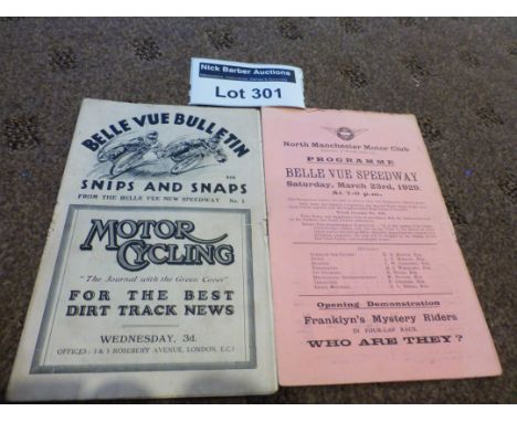 Speedway : Belle Vue programme, historic and rare, 1st meeting, 1st season 23.3.1929, incl bulletin and scoresheet - Handicap