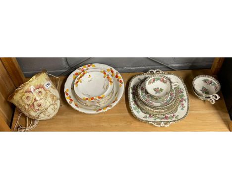 A Victorian porcelain hanging planter with an Art Deco fruit set and a quantity of Indian tree pattern china