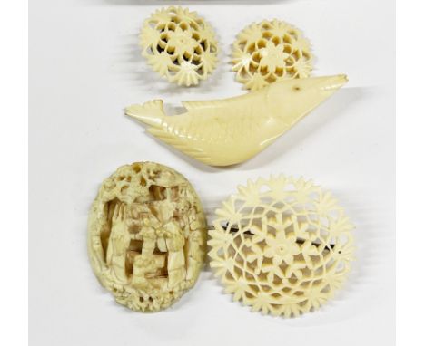 An antique Chinese carved ivory brooch panel and other carved bone items, brooch panel H. 4cm.