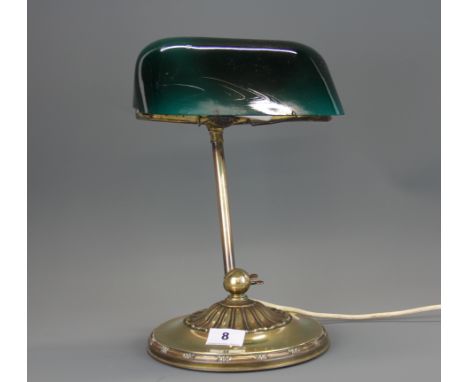 An early 20thC Emeralite brass and green glass desk lamp, H. 34cm.