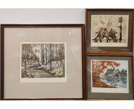A framed limited edition 142/200 lithograph 'Woodland path' by Patricia Longmead together with two pencil signed lithographs 