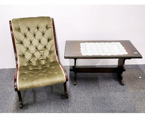 An oak and glass topped coffee table, 91 x 45 x 47cm. together with a button backed nursing chair.