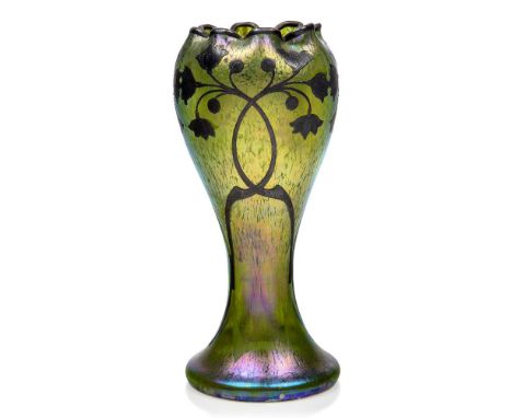 Loetz (Austrian), an iridescent Papillon glass vase with silver appliqué,c.1900, ground out pontil,The green body of waisted 