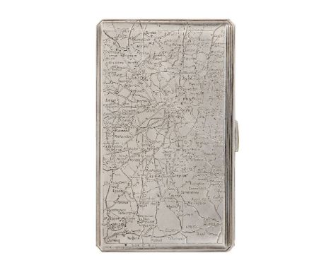 A Silver plated cigarette case embellished with various London related maps,Post 1932 - Pre 1946, apparently no makers marks,