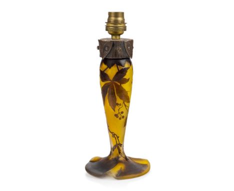 Andre Delatte (French c.1887-1953), a cameo glass and wrought-iron table lamp base, lacks shade,c.1925, signed in cameo 'ADel