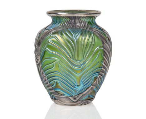 Loetz (Austrian), an iridescent glass Formosa vase with silver appliqué,c.1900, ground out pontil,The green glass of shoulder