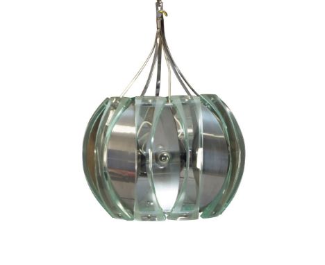An Italian chromed and glass five light chandelier, in the manner of Fontana Arte,c.1960,With curved glass and chromed panels