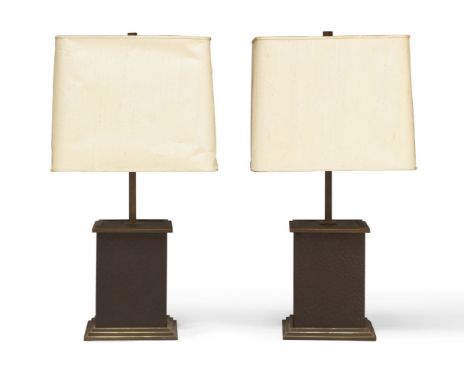 Attributed to Romeo Rega (Italian 1904-1968), a pair of faux ostrich leather and brass lamps,c.1970,Each with square tapered 