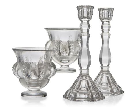 Modern Lalique, a pair of clear and frosted glass 'Dampierre' vases, Designed and made post-war, one with fine engraved 'Lali